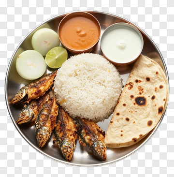 Traditional Indian Thali With Fish And Rice PNG