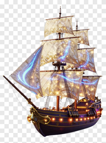 3D Ship With Illuminated Sails PNG