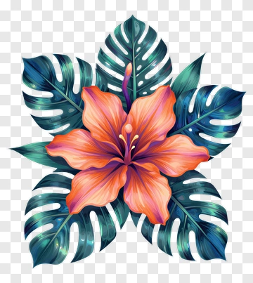 Colorful Hibiscus Flower With Tropical Leaves PNG