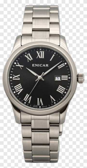 Enicar Men's Watch With Black Dial And Silver Bracelet PNG