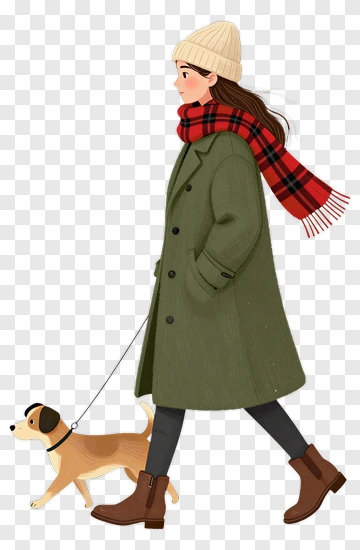Woman Walking A Dog In A Winter Coat PNG