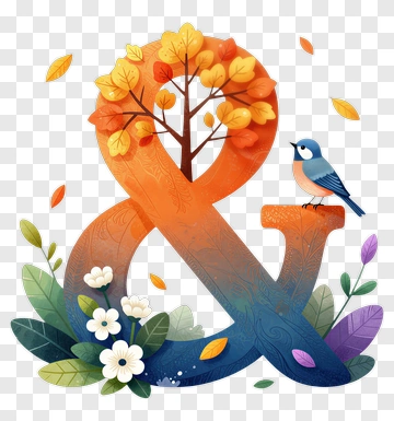 Colorful Ampersand With Autumn Leaves And Bird PNG