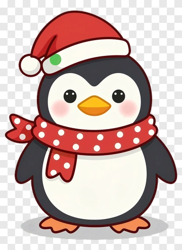 Cartoon Penguin Wearing A Santa Hat And Red Scarf PNG