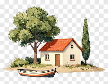 Charming House By A Tree And Boat PNG
