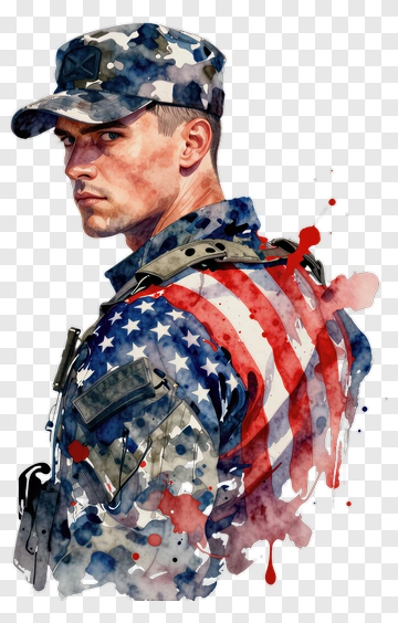 Soldier In Camouflage Uniform With American Flag PNG