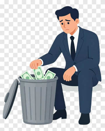 Sad Businessman Looking At Money In Trash Can PNG