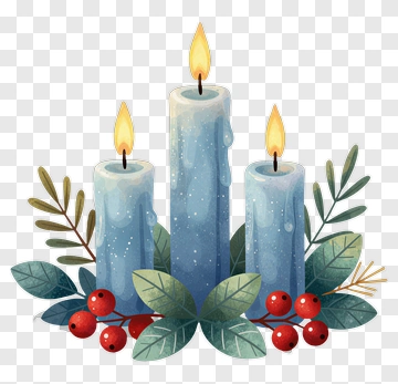 Three Blue Candles With Greenery And Berries PNG