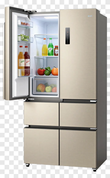 Modern Refrigerator With Open Door And Drinks PNG