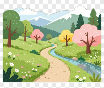 Colorful Landscape With Trees And Stream PNG