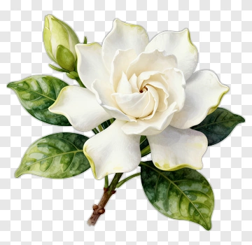 White Gardenia Flower With Green Leaves PNG