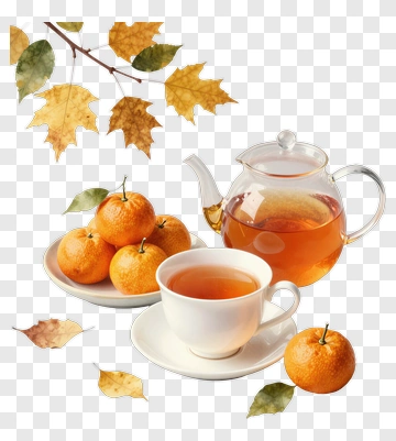 Teapot With Tea And Oranges On A Plate PNG