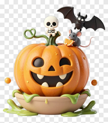 Halloween Pumpkin With Bat, Mouse, And Skull PNG