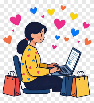Woman Shopping Online With Love Hearts PNG