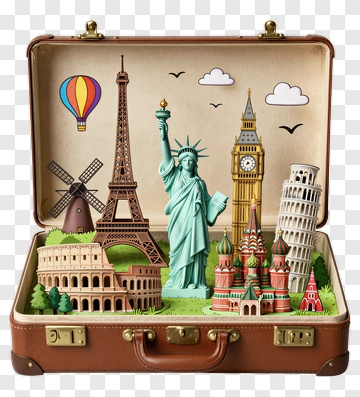 Travel Landmarks Inside A Vintage Suitcase PNG