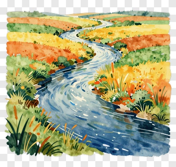 Watercolor Landscape With River And Fields PNG