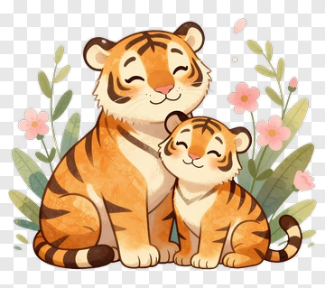 Cartoon Tigers Sitting Together PNG