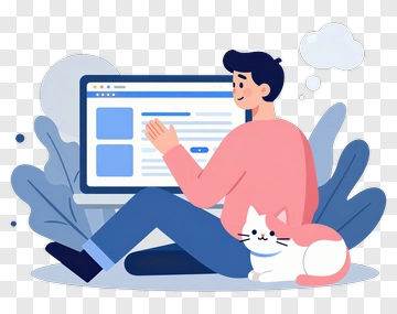 Man Working On Computer With Cat PNG