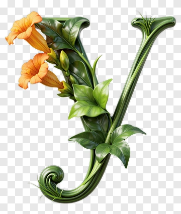 Floral Letter V With Orange Flowers And Green Leaves PNG