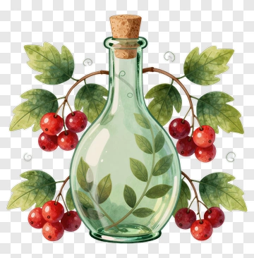 Glass Bottle With Red Berries And Green Leaves PNG