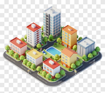 3D City Block With Buildings And Pool PNG