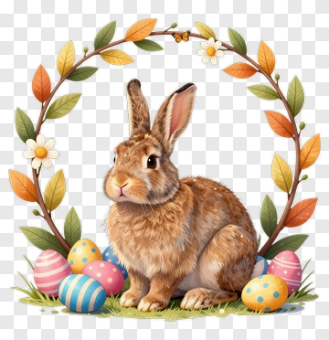 Easter Bunny Surrounded By Colorful Eggs And Flowers PNG