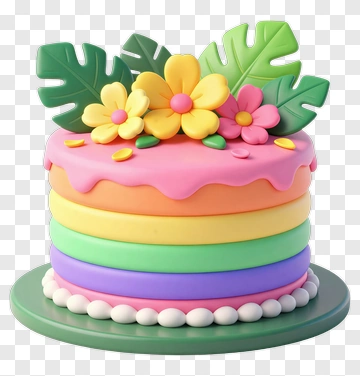 Colorful Cake With Flowers And Leaves PNG