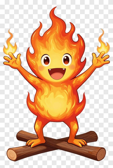 Cartoon Fire Character Standing On Logs PNG