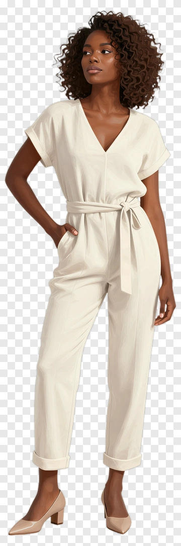 Woman In Beige Jumpsuit With Curly Hair PNG