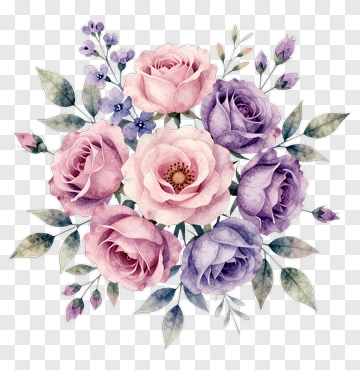 Watercolor Flower Bouquet With Pink And Purple Roses PNG