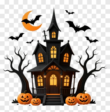 Halloween Haunted House With Pumpkins And Bats PNG