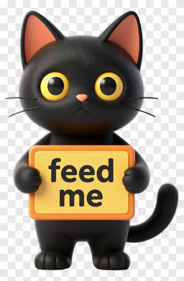 Cartoon Black Cat Holding A Feed Me Sign PNG