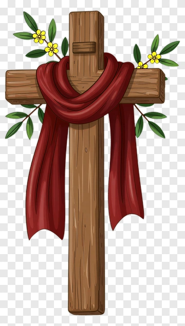 Wooden Cross With Red Scarf And Flowers PNG