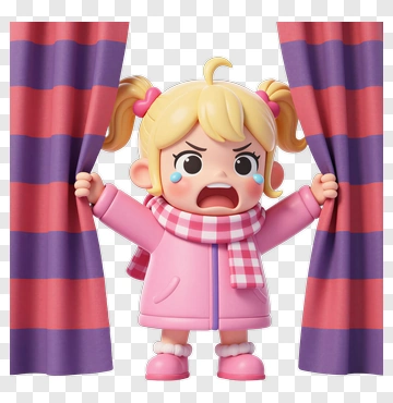 Cartoon Girl Pulling Back Curtains PNG