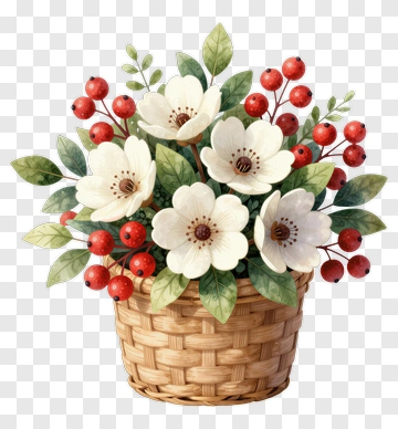 Flower Bouquet In A Woven Basket PNG