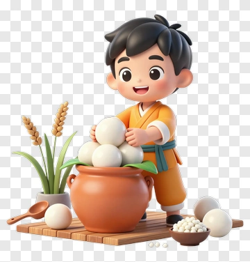 3D Boy Holding Rice Balls PNG