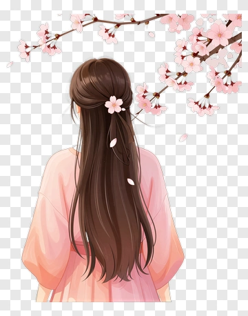 Girl With Long Hair Surrounded By Cherry Blossoms PNG