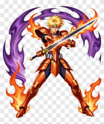 Anime Character In Fiery Armor Holding A Sword PNG