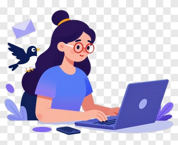 Cartoon Woman Using A Laptop With A Bird PNG