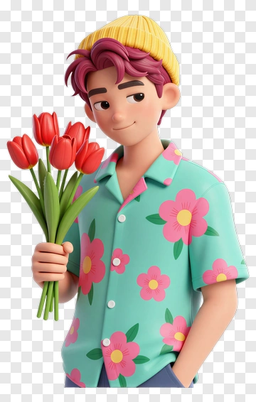 3D Young Man Holding A Bouquet Of Tulips PNG