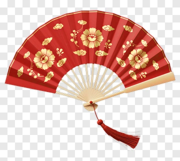 Red Decorative Fan With Floral Design PNG
