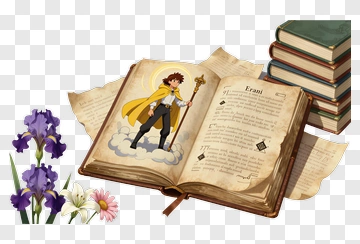 Open Book With Character And Flowers PNG