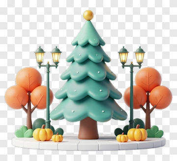 Colorful Christmas Tree Surrounded By Pumpkins And Lanterns PNG