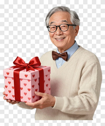 Happy Elderly Man Holding A Valentine's Day Gift Box PNG