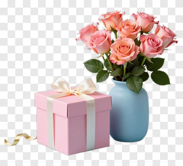 Pink Roses In A Blue Vase With A Gift Box PNG