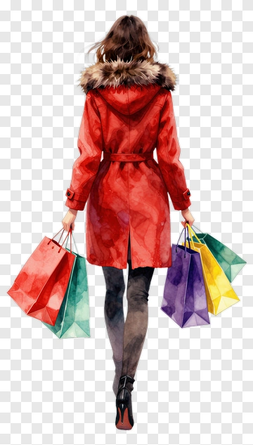 Woman In Red Coat Carrying Shopping Bags PNG