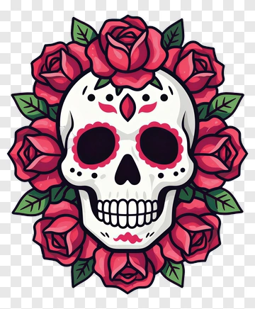 Colorful Skull Surrounded By Roses PNG