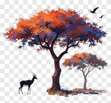 Autumn Tree With Antelope And Birds PNG