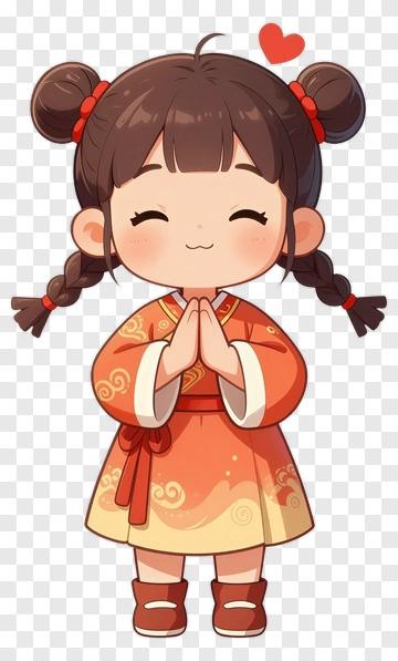 Cartoon Girl In Orange Dress With Hands Together PNG
