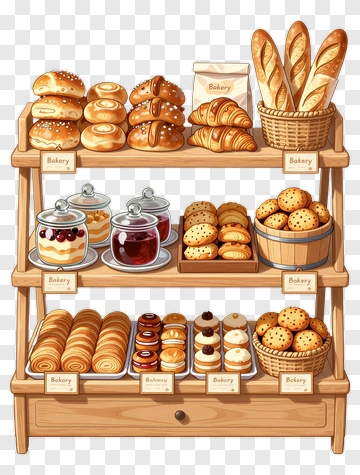 Bakery Display With Various Breads And Pastries PNG