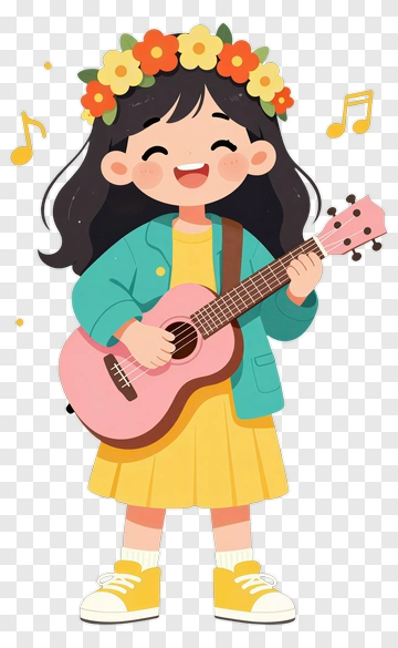 Cartoon Girl Playing A Pink Ukulele PNG